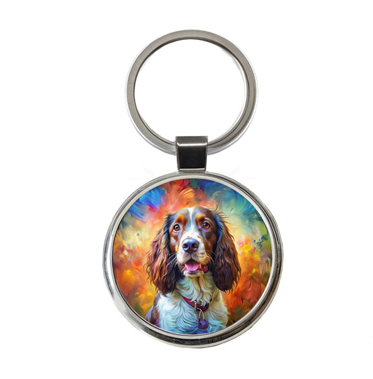 English Springer Spaniel Dog Expressionism Art Round Metal Keychain