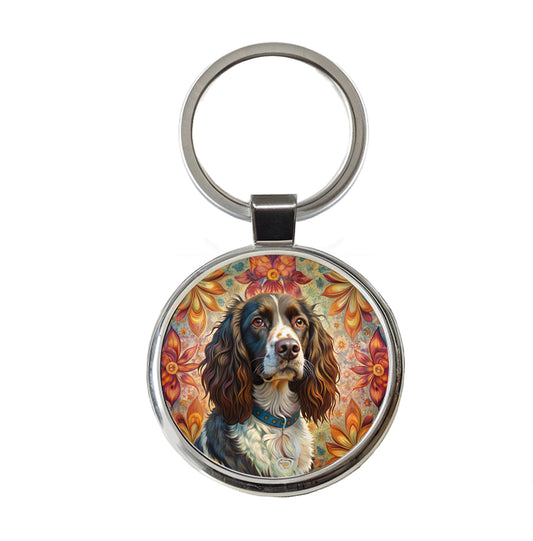 English Springer Spaniel Dog French Bohemian Art Round Metal Keychain