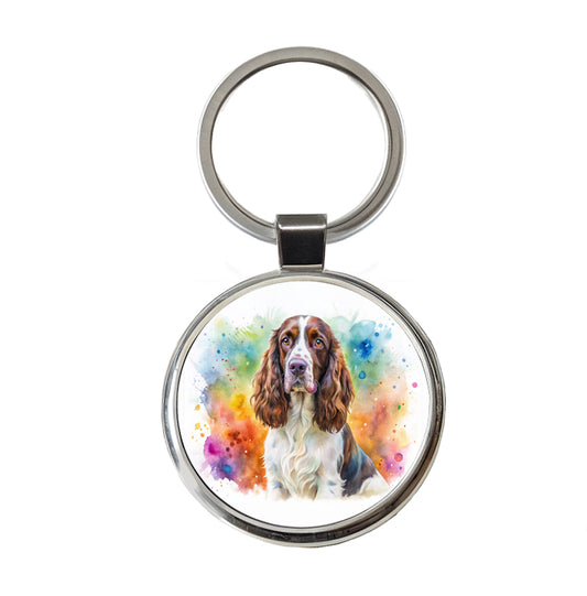 English Springer Spaniel Dog Watercolor Style Round Metal Keychain