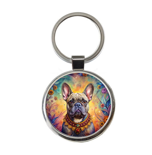 French Bulldog Frenchie Dog Bohemian Art Round Metal Keychain