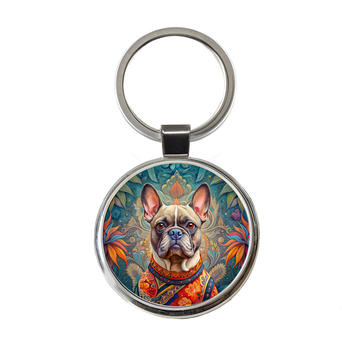 French Bulldog Frenchie Dog French Bohemian Art Round Metal Keychain