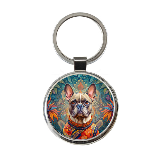French Bulldog Frenchie Dog French Bohemian Art Round Metal Keychain