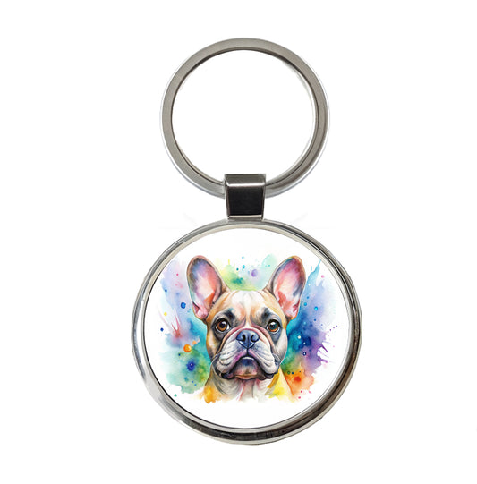 French Bulldog Frenchie Dog Watercolor Style Round Metal Keychain
