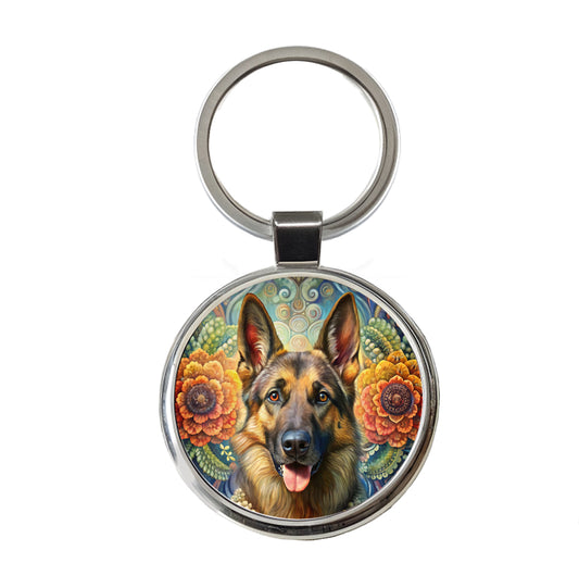 German Shepherd Dog Bohemian Art Round Metal Keychain