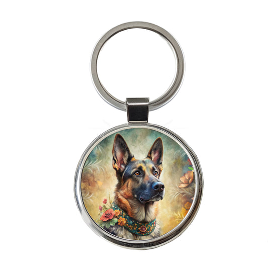 German Shepherd Dog French Bohemian Art Round Metal Keychain