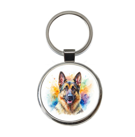 German Shepherd Dog Watercolor Style Round Metal Keychain