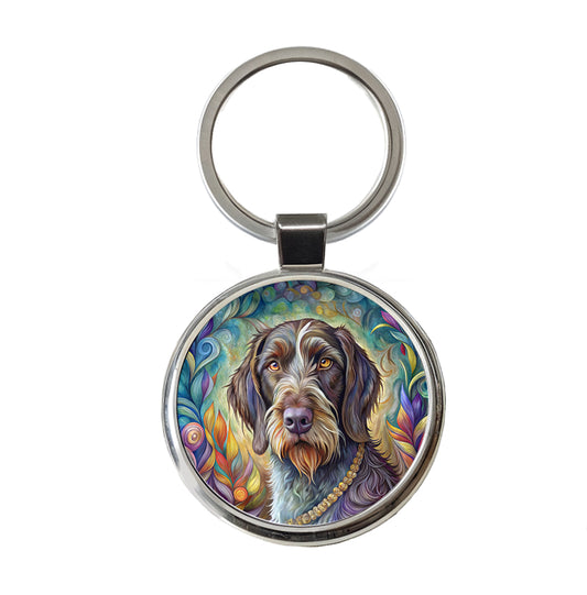 German Wirehaired Pointer Dog Bohemian Art Round Metal Keychain