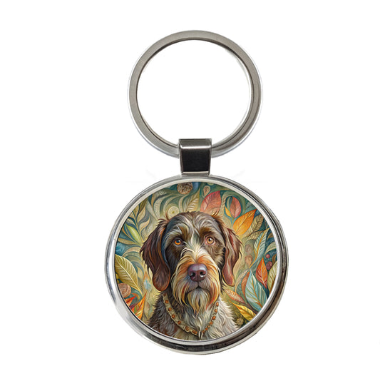 German Wirehaired Pointer Dog French Bohemian Art Round Metal Keychain