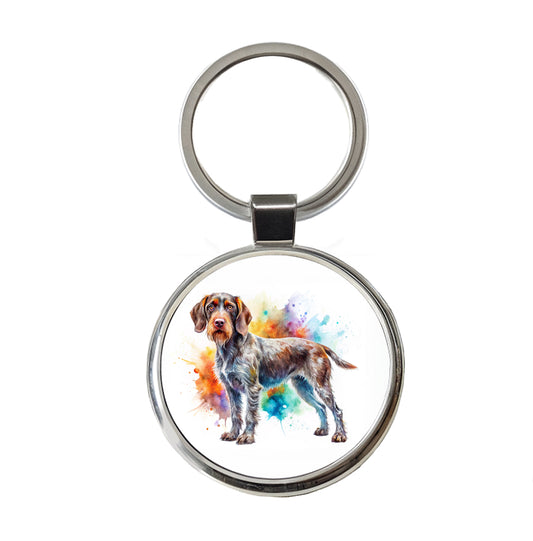 German Wirehaired Pointer Dog Watercolor Style Round Metal Keychain