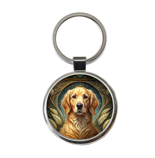 Golden Retriever Dog Art Nouveau Round Metal Keychain