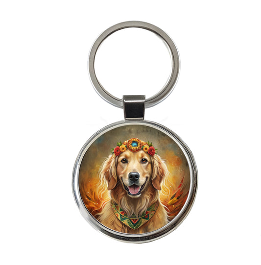 Golden Retriever Dog Bohemian Art Round Metal Keychain