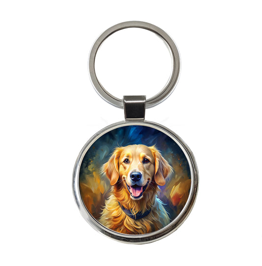 Golden Retriever Dog Expressionism Art Round Metal Keychain