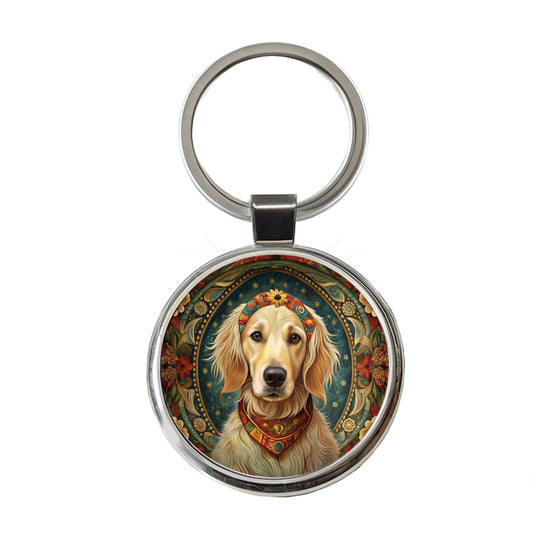 Golden Retriever Dog French Bohemian Art Round Metal Keychain