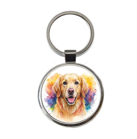 Golden Retriever Dog Watercolor Style Round Metal Keychain