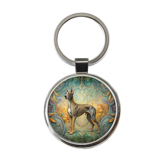 Great Dane Dog Art Nouveau Round Metal Keychain