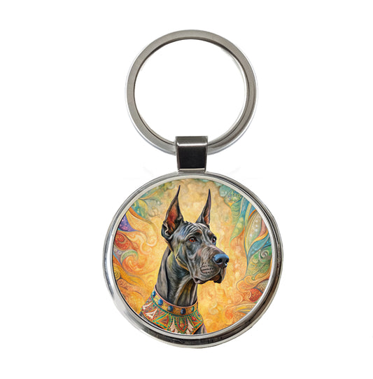 Great Dane Dog Bohemian Art Round Metal Keychain