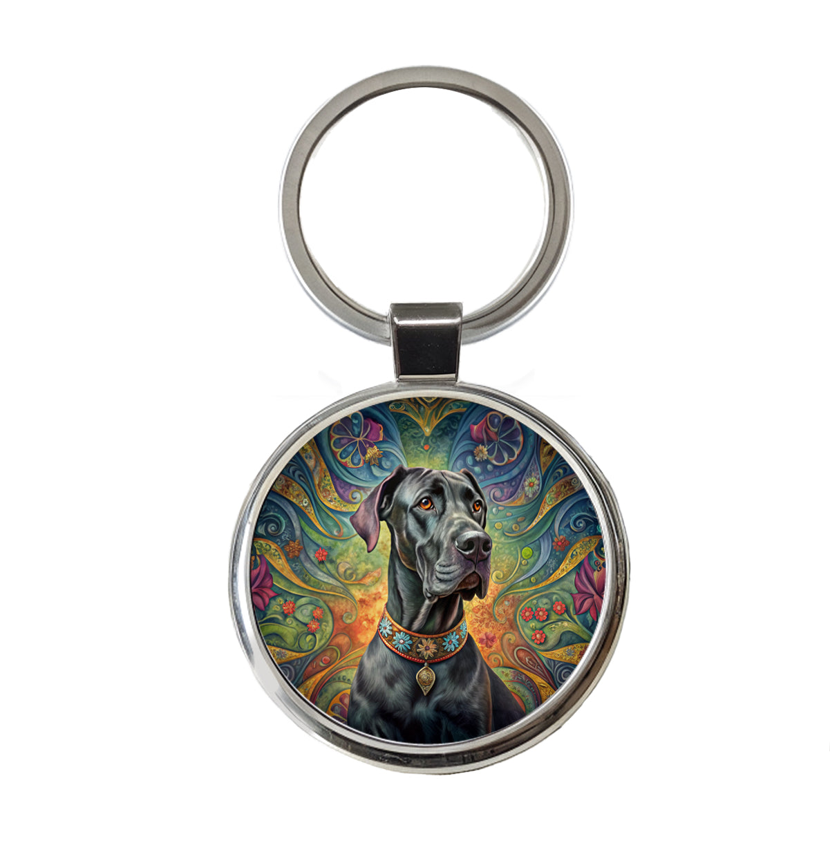 Great Dane Dog French Bohemian Art Round Metal Keychain