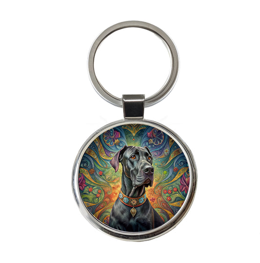 Great Dane Dog French Bohemian Art Round Metal Keychain