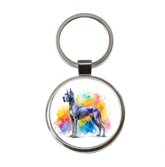 Great Dane Dog Watercolor Style Round Metal Keychain