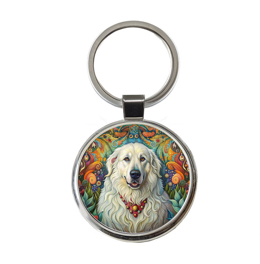 Great Pyrenees Dog French Bohemian Art Round Metal Keychain
