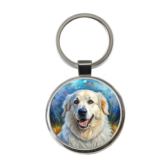Great Pyrenees Dog Illustration Round Metal Keychain