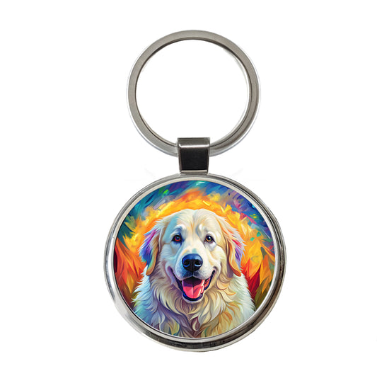 Great Pyrenees Dog Pop Art Round Metal Keychain