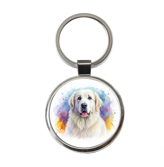 Great Pyrenees Dog Watercolor Style Round Metal Keychain