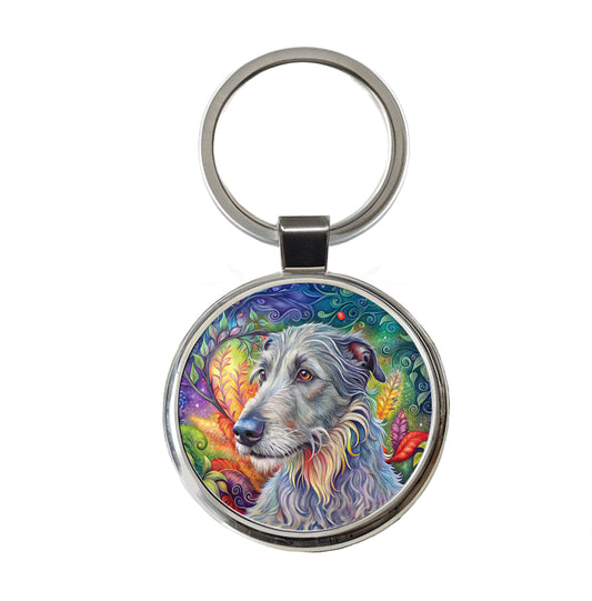 Irish Wolfhound Dog Bohemian Art Round Metal Keychain