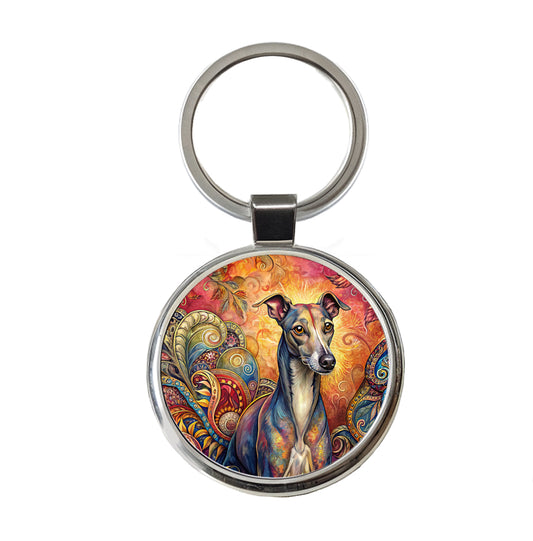 Italian Greyhound Dog Bohemian Art Round Metal Keychain