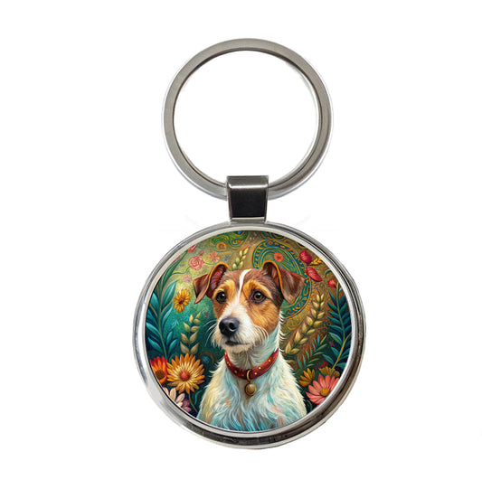 Jack Russell Terrier Dog French Bohemian Art Round Metal Keychain