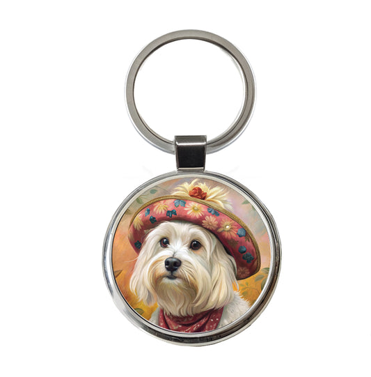 Maltese Dog French Bohemian Art Round Metal Keychain