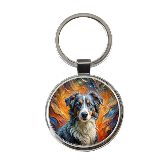 Miniature American Shepherd Dog Abstract Art Round Metal Keychain