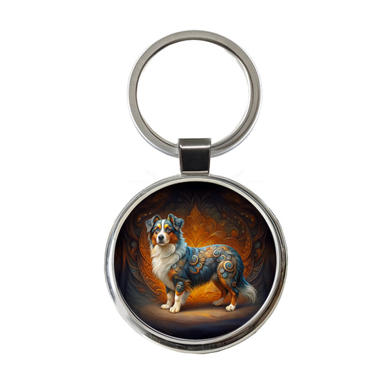 Miniature American Shepherd Dog Art Nouveau Round Metal Keychain