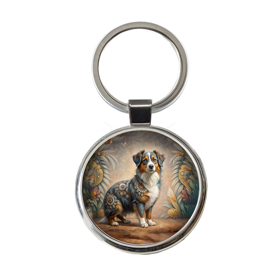 Miniature American Shepherd Dog Bohemian Art Round Metal Keychain