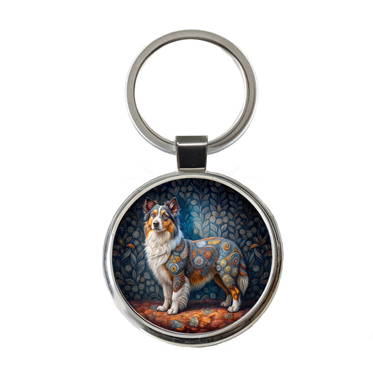 Miniature American Shepherd Dog French Bohemian Art Round Metal Keychain