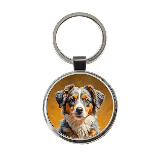 Miniature American Shepherd Dog Pop Art Round Metal Keychain