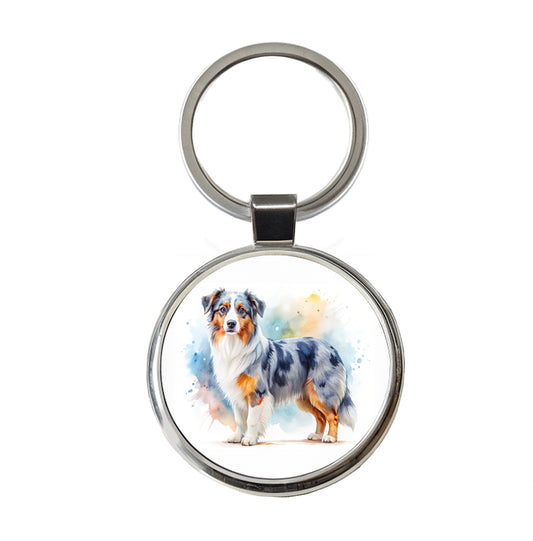 Miniature American Shepherd Dog Watercolor Style Round Metal Keychain
