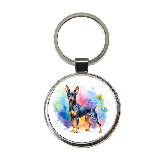 Miniature Pinscher Dog Watercolor Style Round Metal Keychain