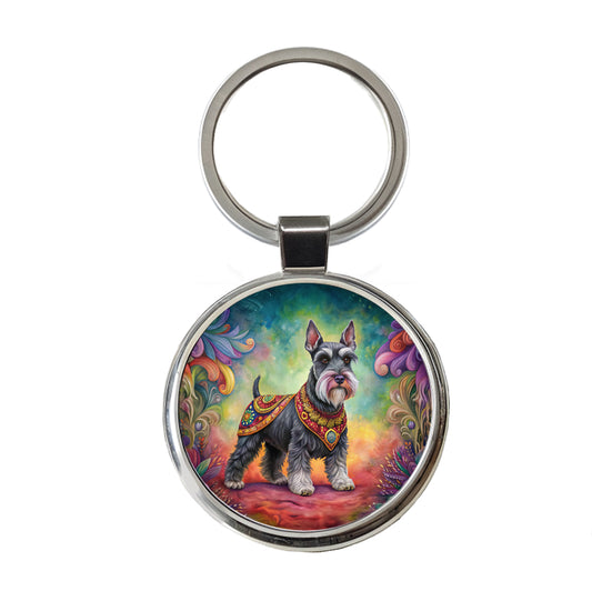 Miniature Schnauzer Dog Bohemian Art Round Metal Keychain