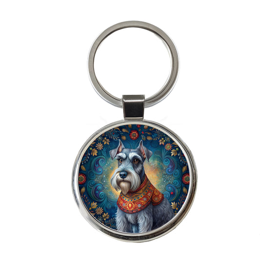 Miniature Schnauzer Dog French Bohemian Art Round Metal Keychain
