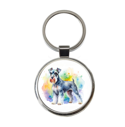 Miniature Schnauzer Dog Watercolor Style Round Metal Keychain