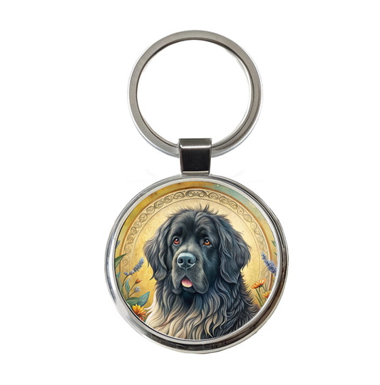 Newfoundland Dog Art Nouveau Round Metal Keychain