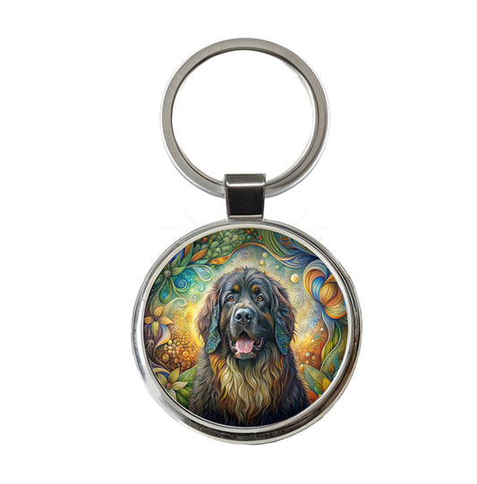 Newfoundland Dog Bohemian Art Round Metal Keychain