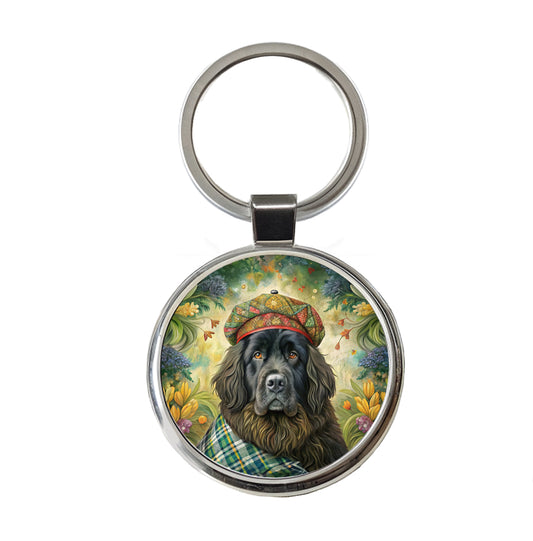 Newfoundland Dog French Bohemian Art Round Metal Keychain