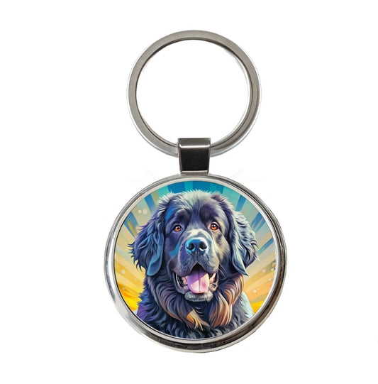 Newfoundland Dog Pop Art Round Metal Keychain