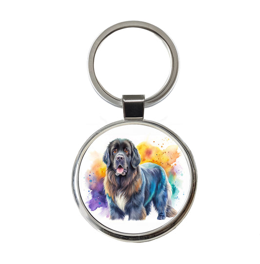 Newfoundland Dog Watercolor Style Round Metal Keychain