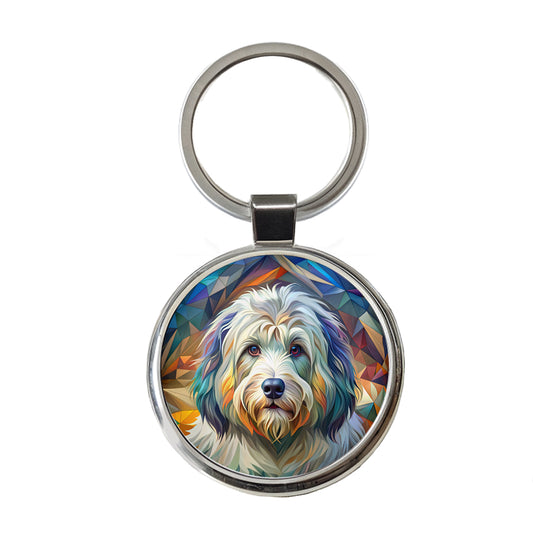 Old English Sheepdog Dog Abstract Stylized Art Round Metal Keychain
