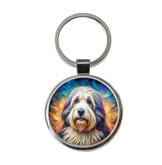 Old English Sheepdog Dog French Bohemian Art Round Metal Keychain
