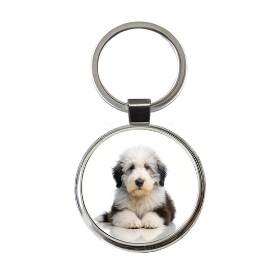 Old English Sheepdog Dog Puppy Photo Round Metal Keychain