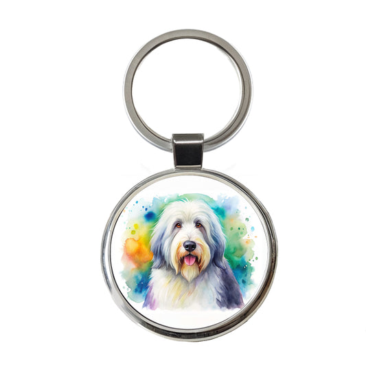 Old English Sheepdog Dog Watercolor Style Round Metal Keychain